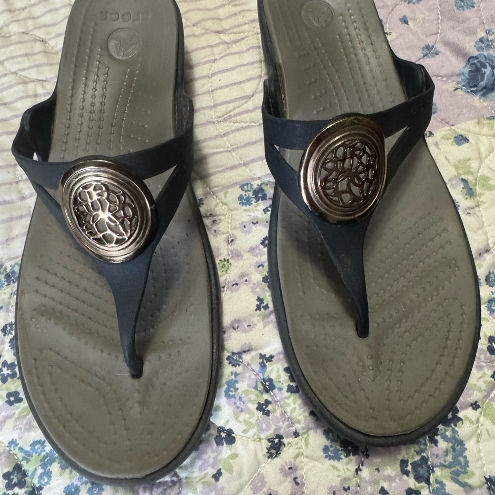 CROCS Navy Blue Sandals with Bronze Accents. Beautiful and extremely comfortable